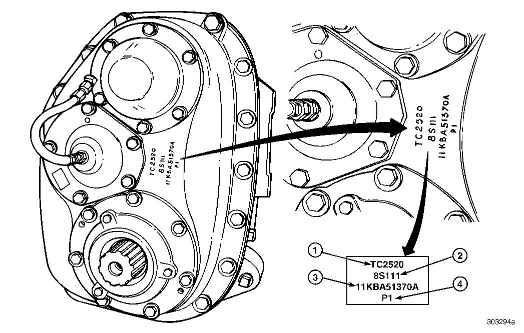 Mack transfer case model identification stamping on the rear end plate