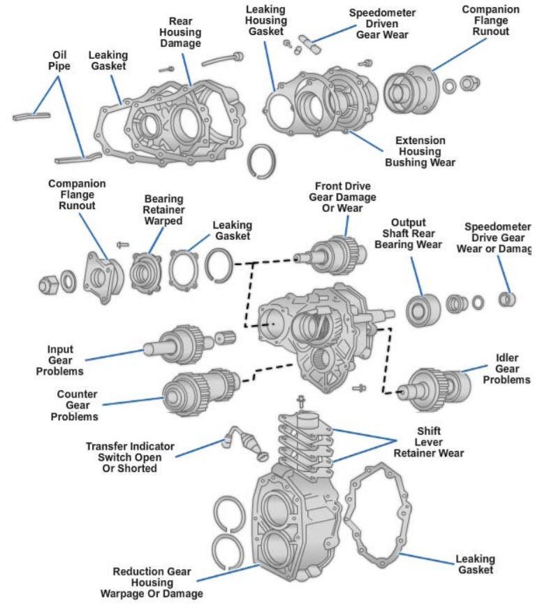 Transfer case troubleshooting diagram showing where leaks, bearing wear and gear problems show up